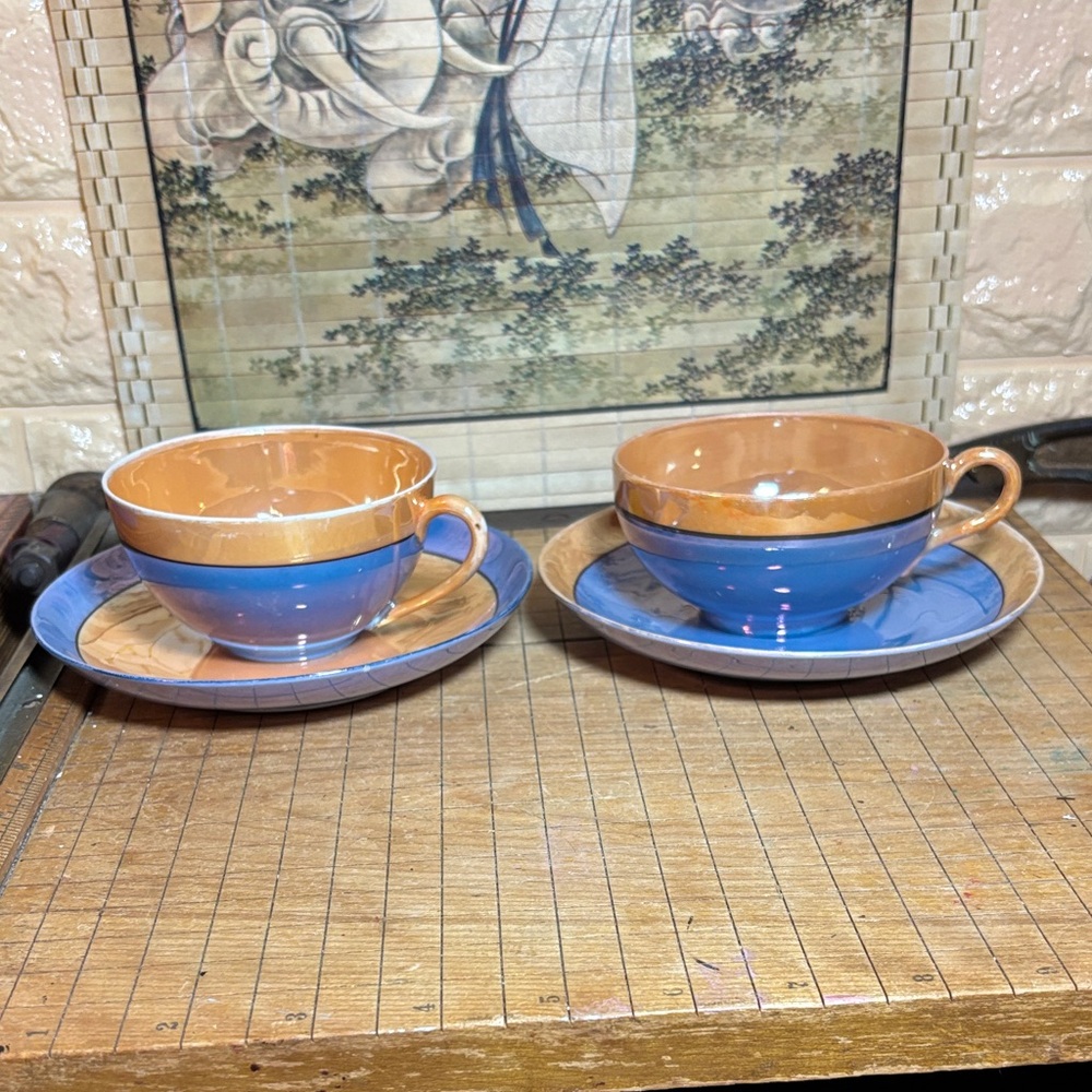 2 Meito Saucers and 2 Cups China Lusterware Peach Blue Iridescent Japan Vintage